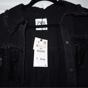 Zara black denim fringe button up/jacket